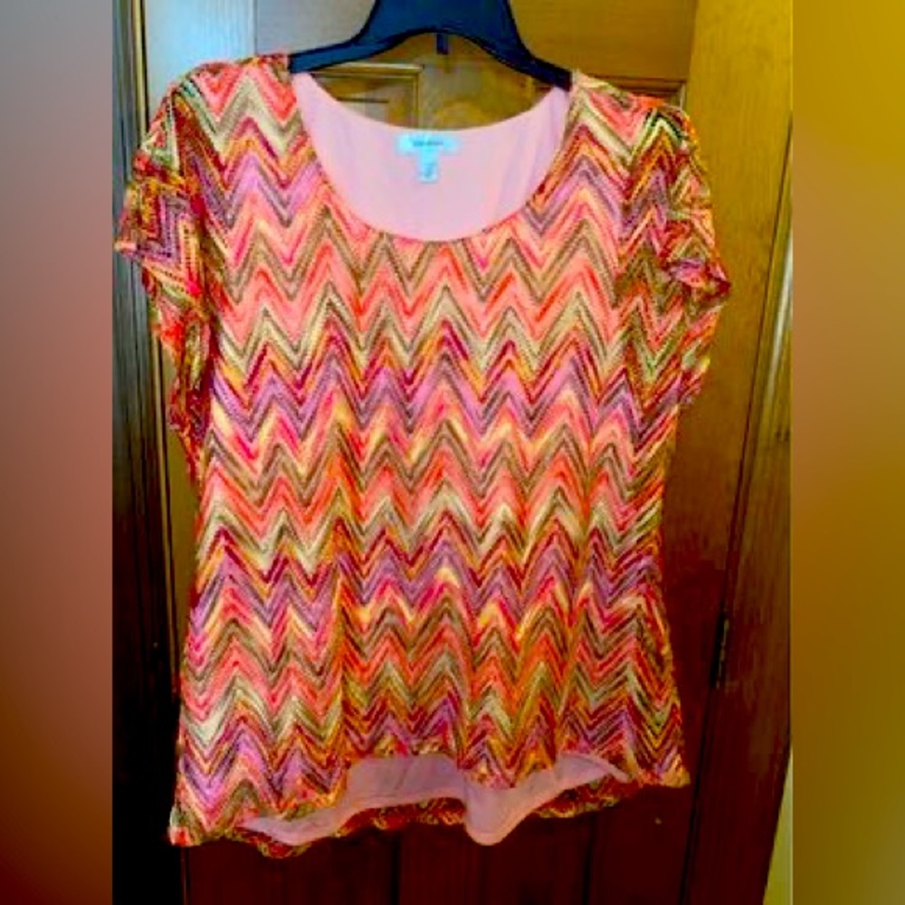Dress Barn Crotched Multi Color Boho Blouse Top Plus Size 2X Coral Chevron